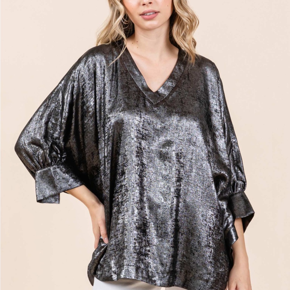JODIFL Shimmery Black Metallic V-Neck Tunic